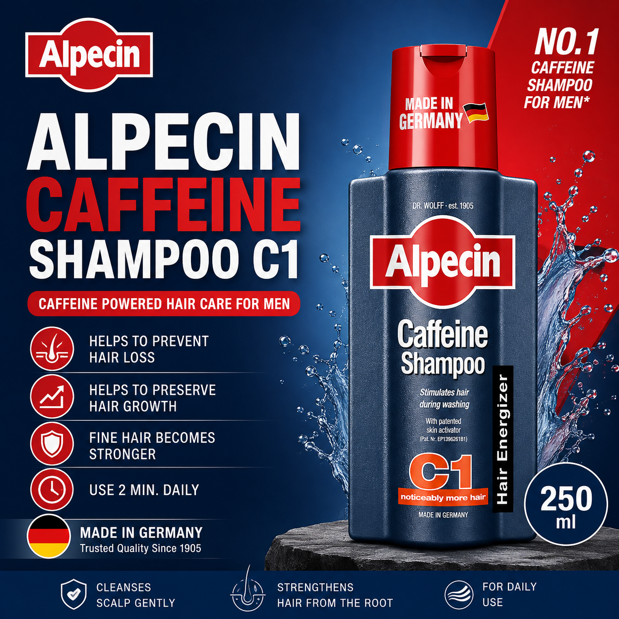Alpecin Caffeine Shampoo C1 – 275ml | Men’s Hair Care | Caffeine Formula